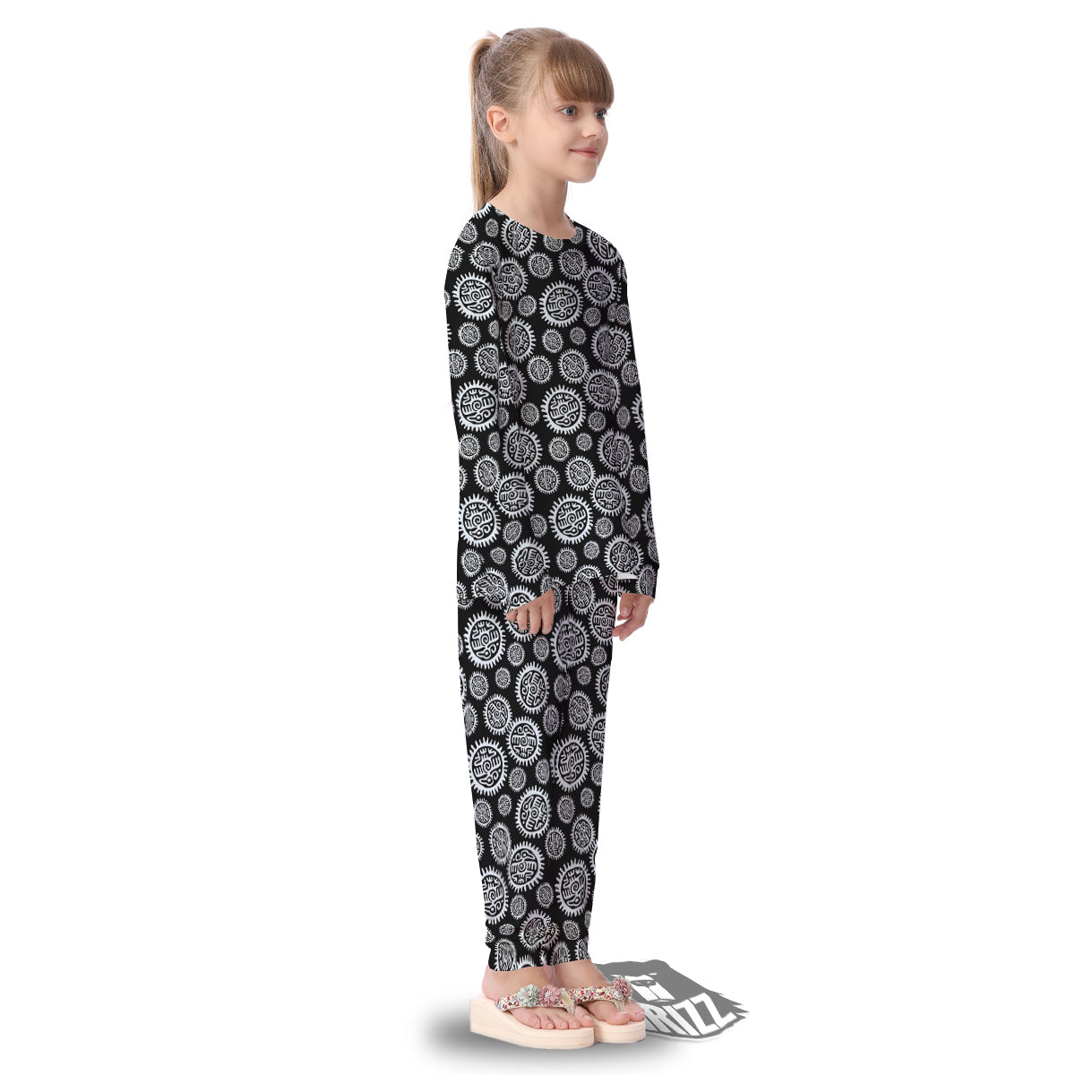 Black And White Aztec Mayan Eagle Print Pattern Kid's Pajamas-grizzshop