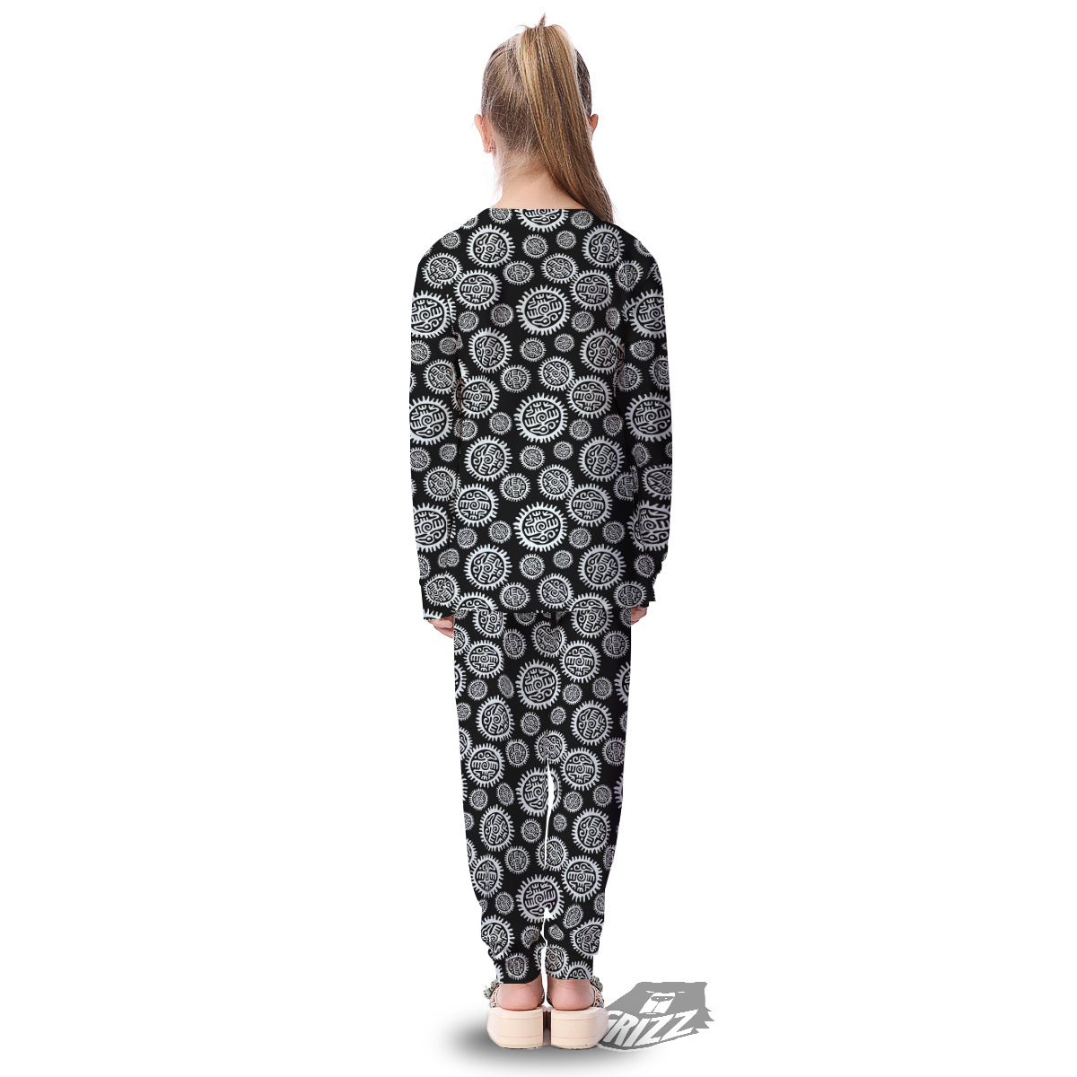 Black And White Aztec Mayan Eagle Print Pattern Kid's Pajamas-grizzshop