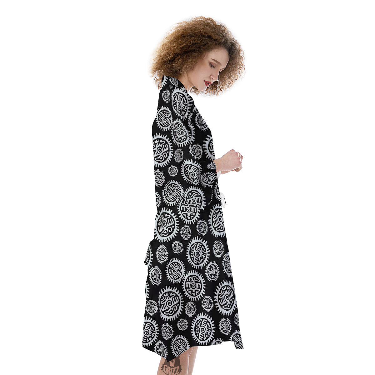 Black And White Aztec Mayan Eagle Print Pattern Kimono-grizzshop