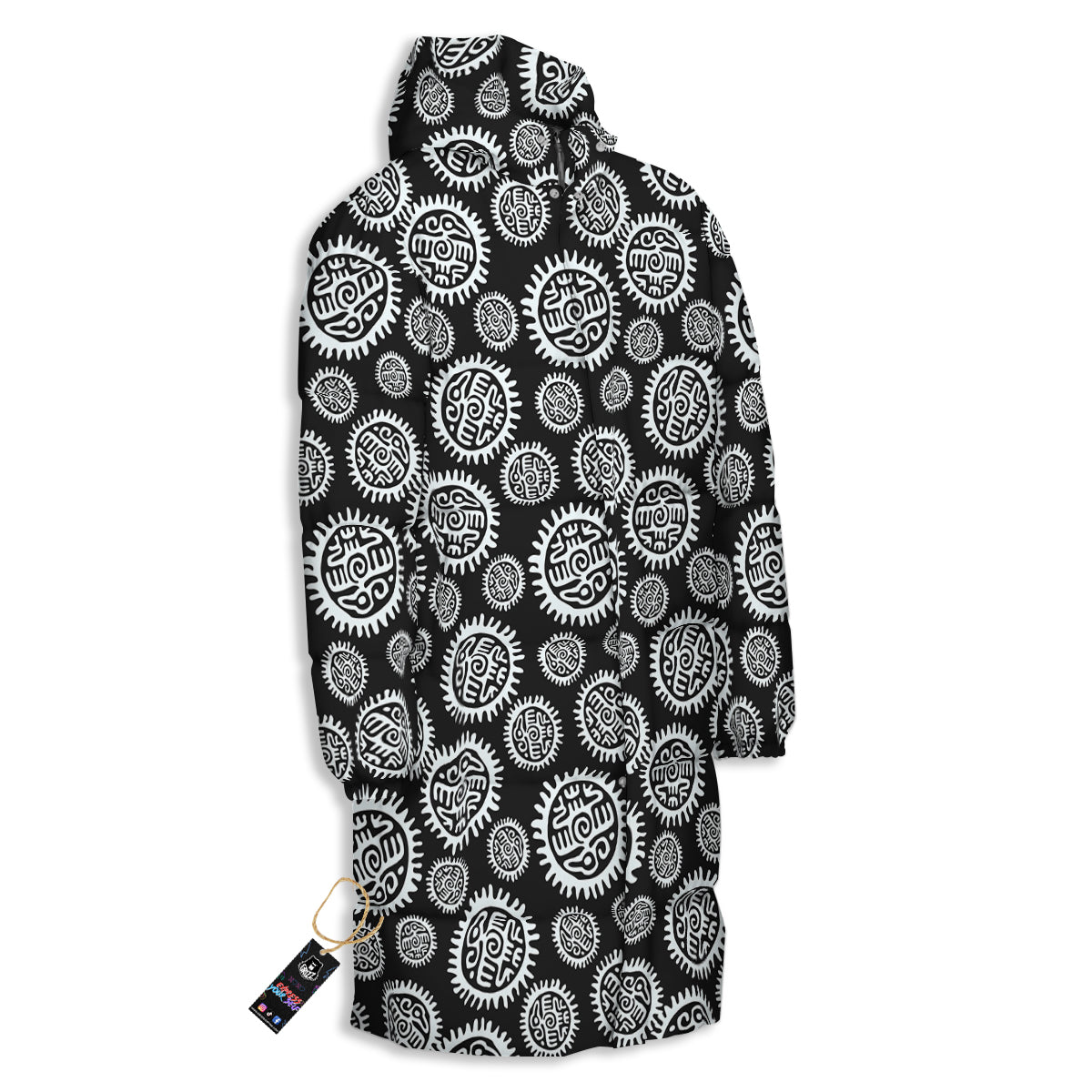 Black And White Aztec Mayan Eagle Print Pattern Long Down Jacket-grizzshop