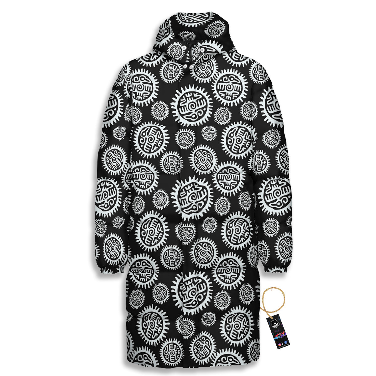 Black And White Aztec Mayan Eagle Print Pattern Long Down Jacket-grizzshop