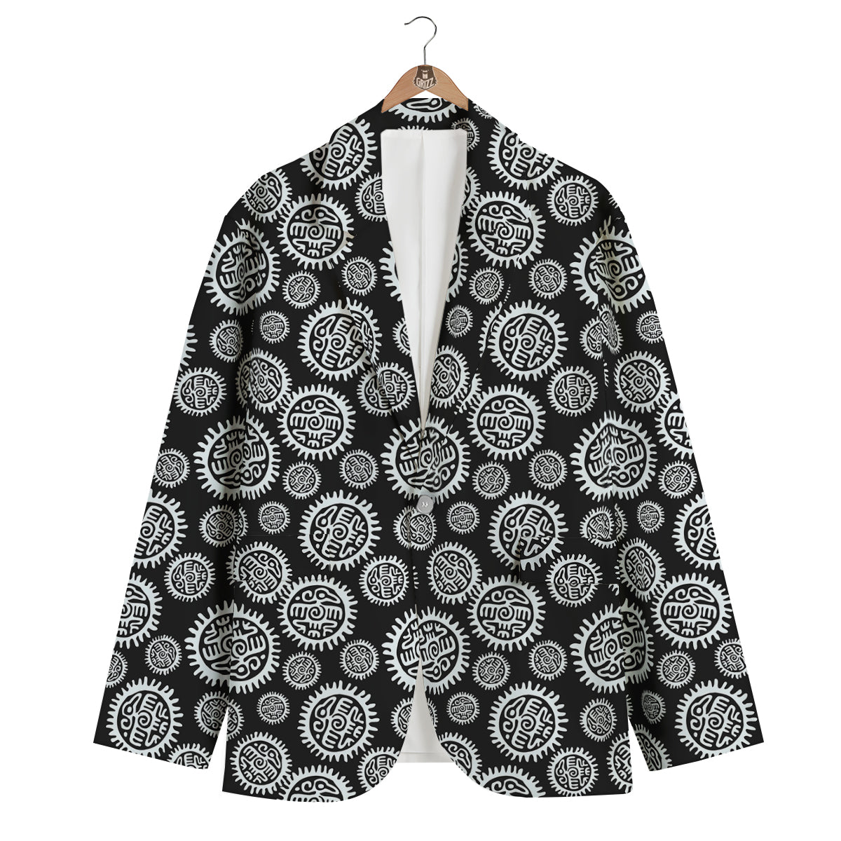 Black And White Aztec Mayan Eagle Print Pattern Men's Blazer-grizzshop