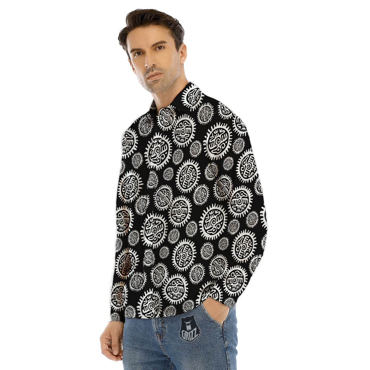 Black And White Aztec Mayan Eagle Print Pattern Men's Dress Shirts-grizzshop