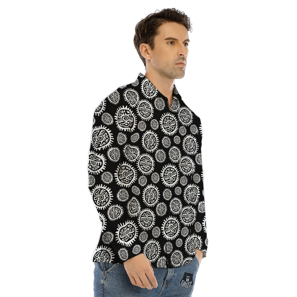 Black And White Aztec Mayan Eagle Print Pattern Men's Dress Shirts-grizzshop