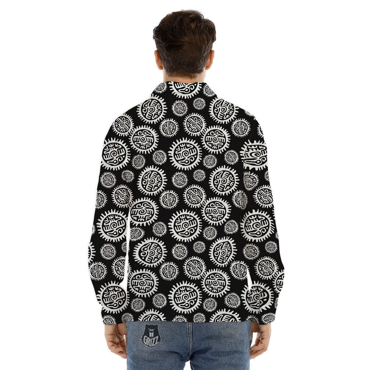Black And White Aztec Mayan Eagle Print Pattern Men's Dress Shirts-grizzshop