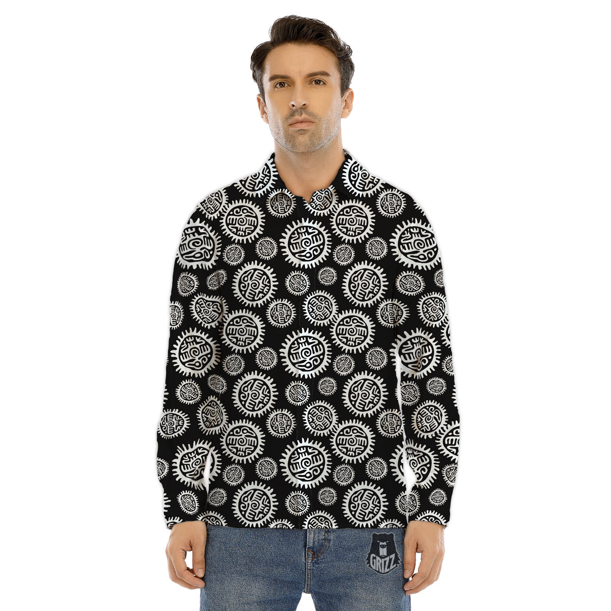 Black And White Aztec Mayan Eagle Print Pattern Men's Dress Shirts-grizzshop