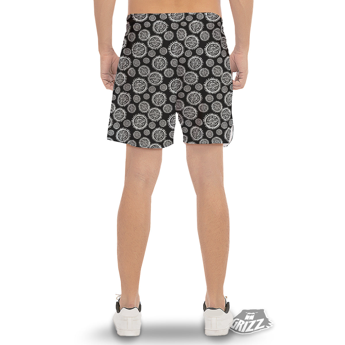 Black And White Aztec Mayan Eagle Print Pattern Men's Gym Shorts-grizzshop