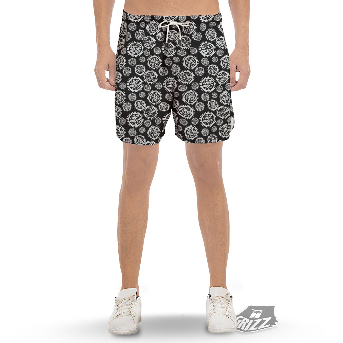 Black And White Aztec Mayan Eagle Print Pattern Men's Gym Shorts-grizzshop