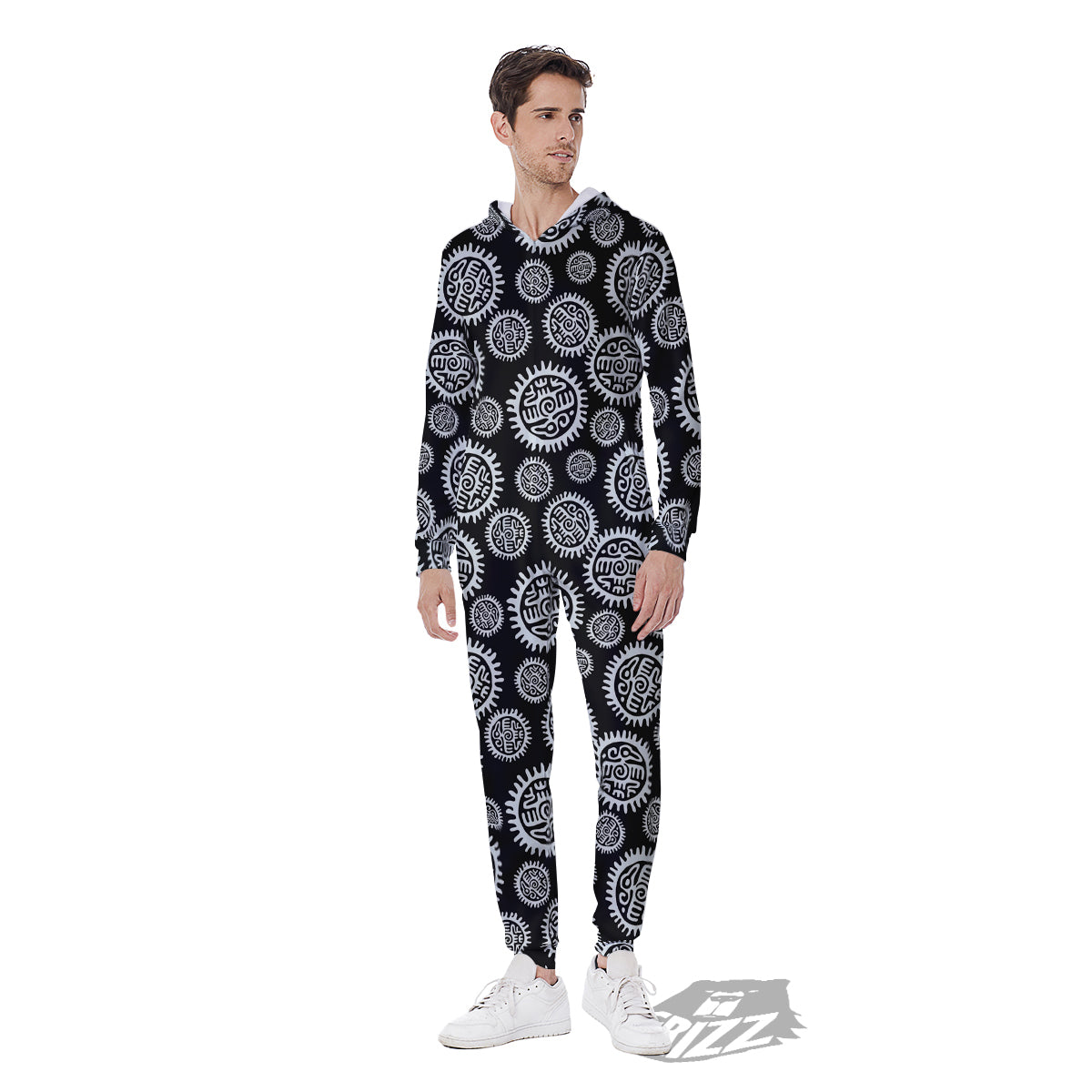 Black And White Aztec Mayan Eagle Print Pattern Men's Jumpsuit-grizzshop