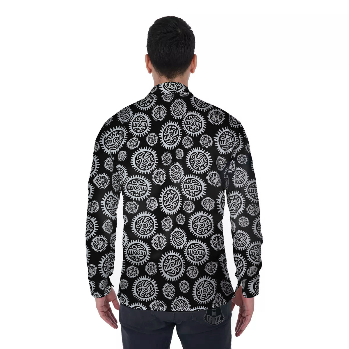 Black And White Aztec Mayan Eagle Print Pattern Men's Long Sleeve Shirts-grizzshop