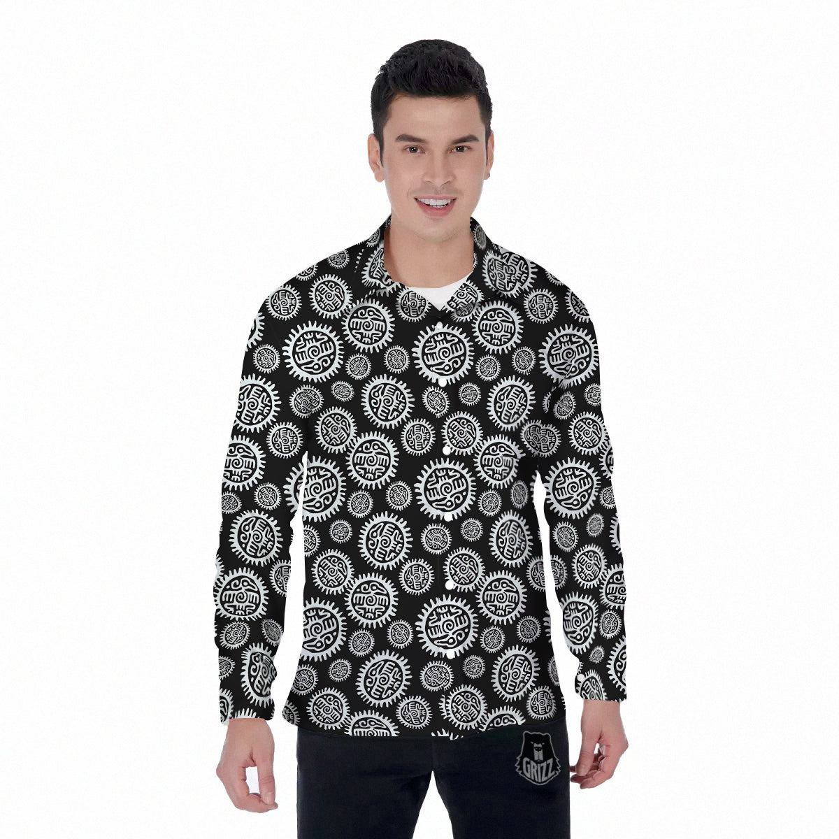 Black And White Aztec Mayan Eagle Print Pattern Men's Long Sleeve Shirts-grizzshop