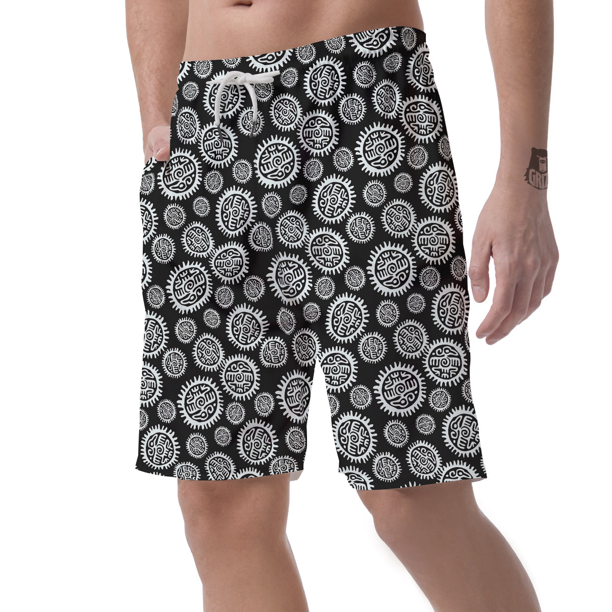 Black And White Aztec Mayan Eagle Print Pattern Men's Shorts-grizzshop