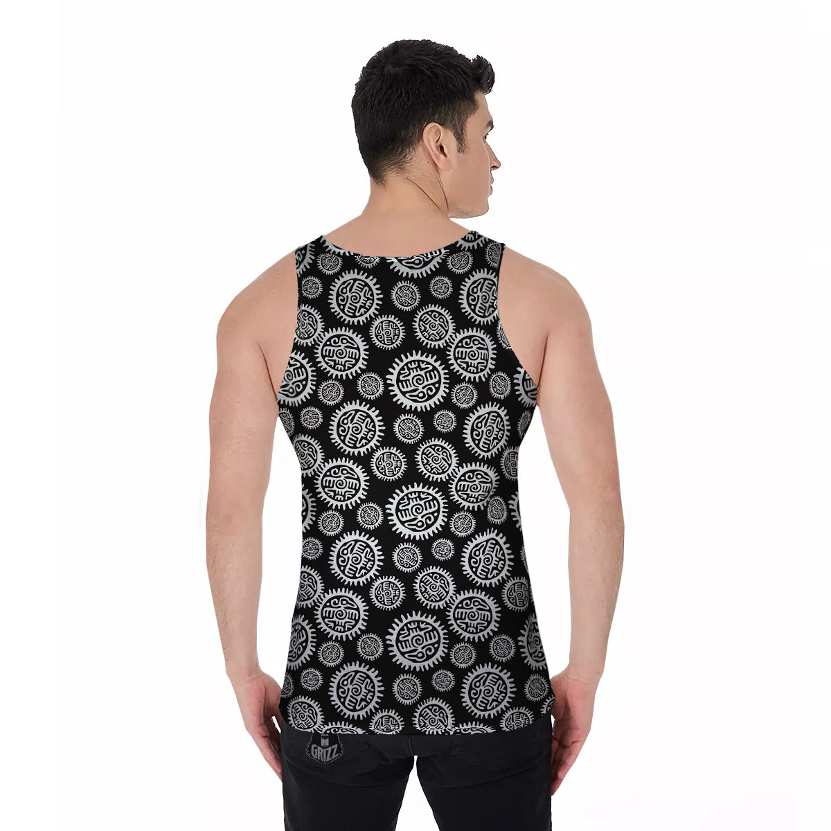 Black And White Aztec Mayan Eagle Print Pattern Men's Tank Top-grizzshop