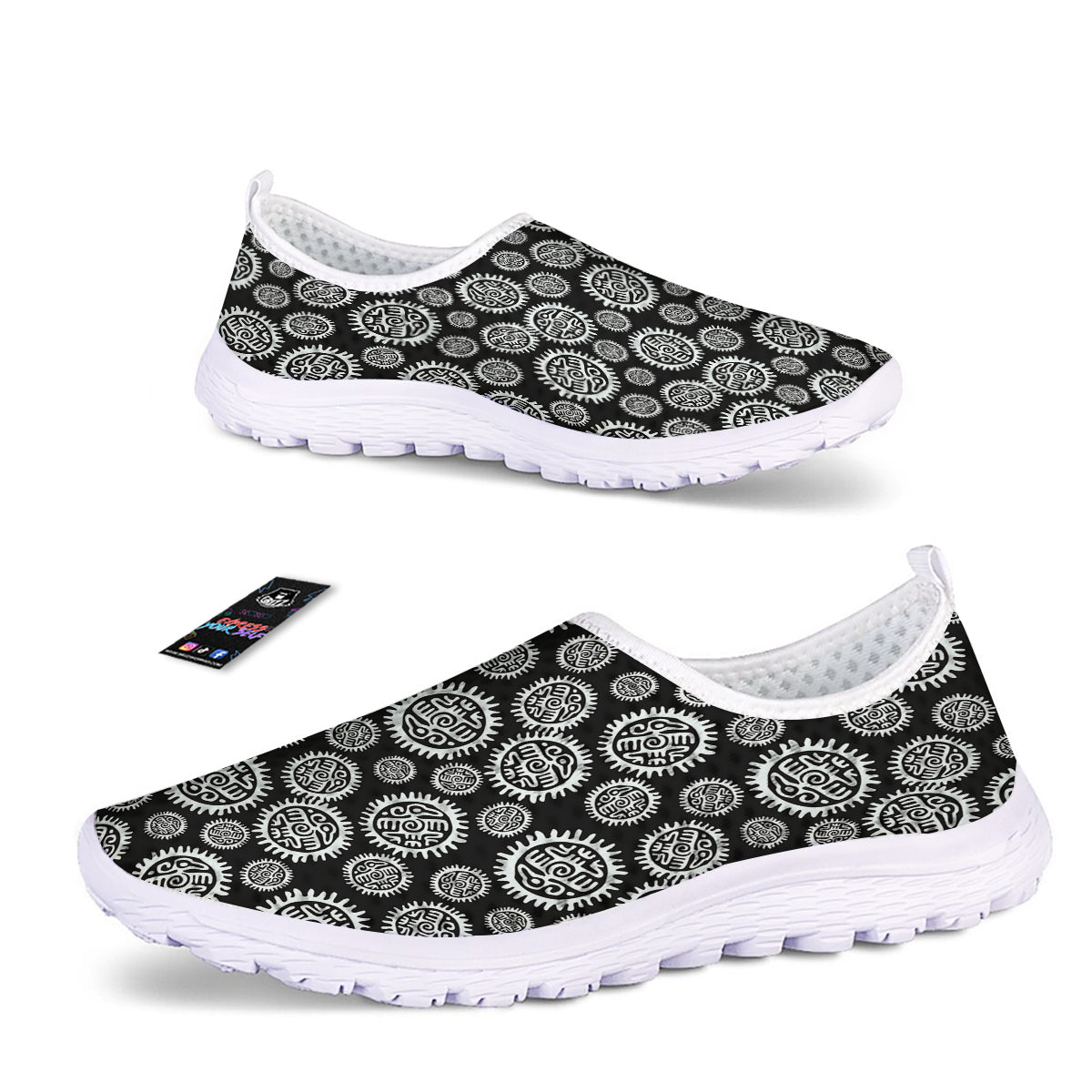 Black And White Aztec Mayan Eagle Print Pattern Nurse Shoes-grizzshop