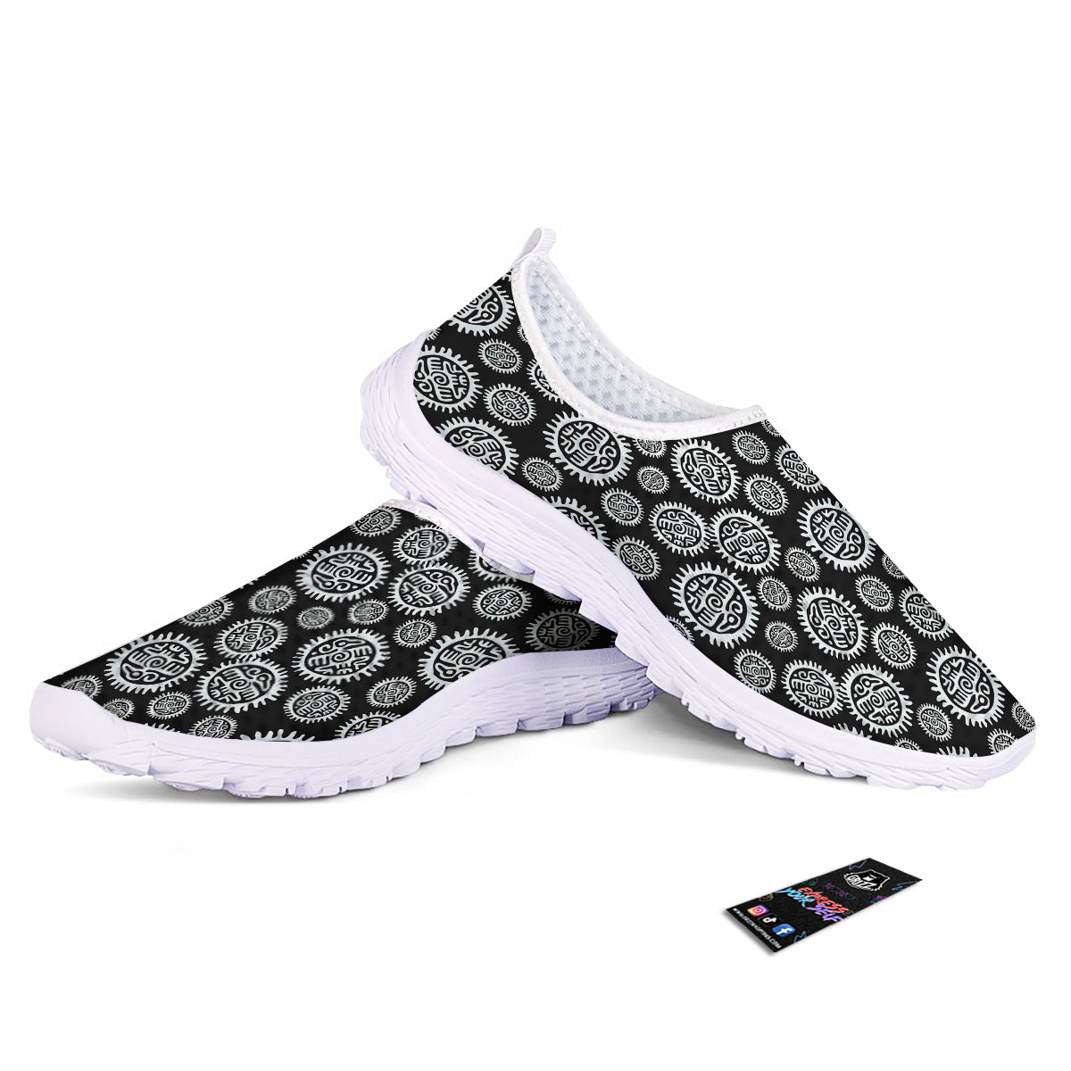 Black And White Aztec Mayan Eagle Print Pattern Nurse Shoes-grizzshop