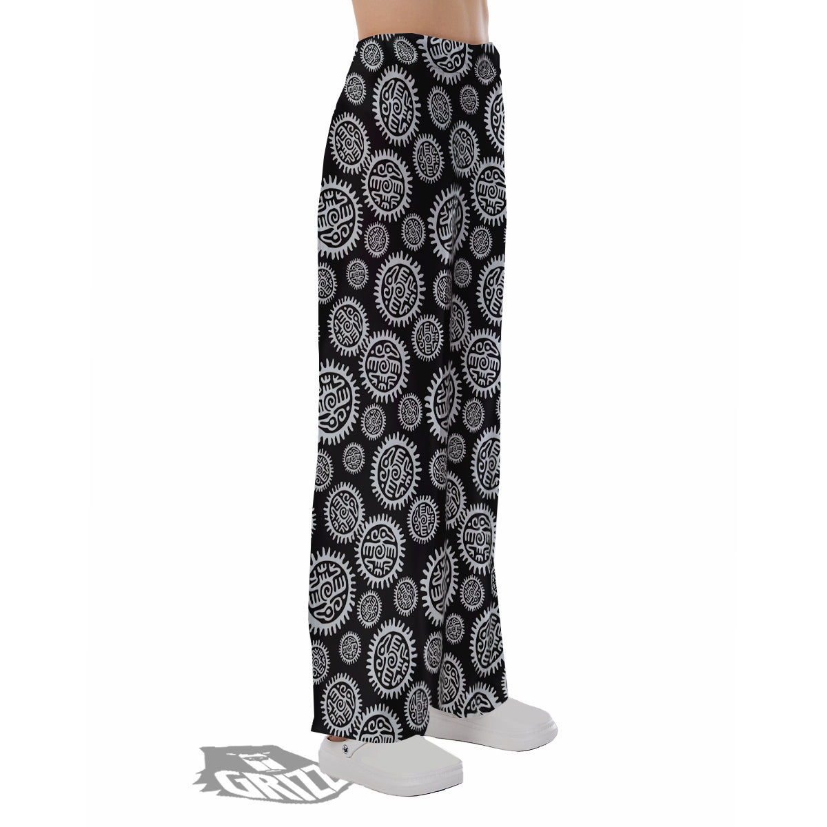 Black And White Aztec Mayan Eagle Print Pattern Pajama Pants-grizzshop