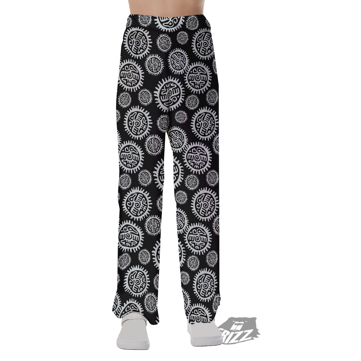 Black And White Aztec Mayan Eagle Print Pattern Pajama Pants-grizzshop