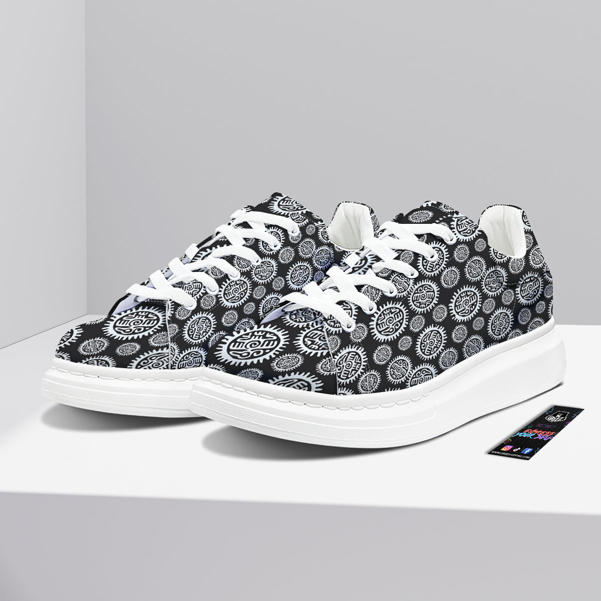 Black And White Aztec Mayan Eagle Print Pattern Platform Shoes-grizzshop