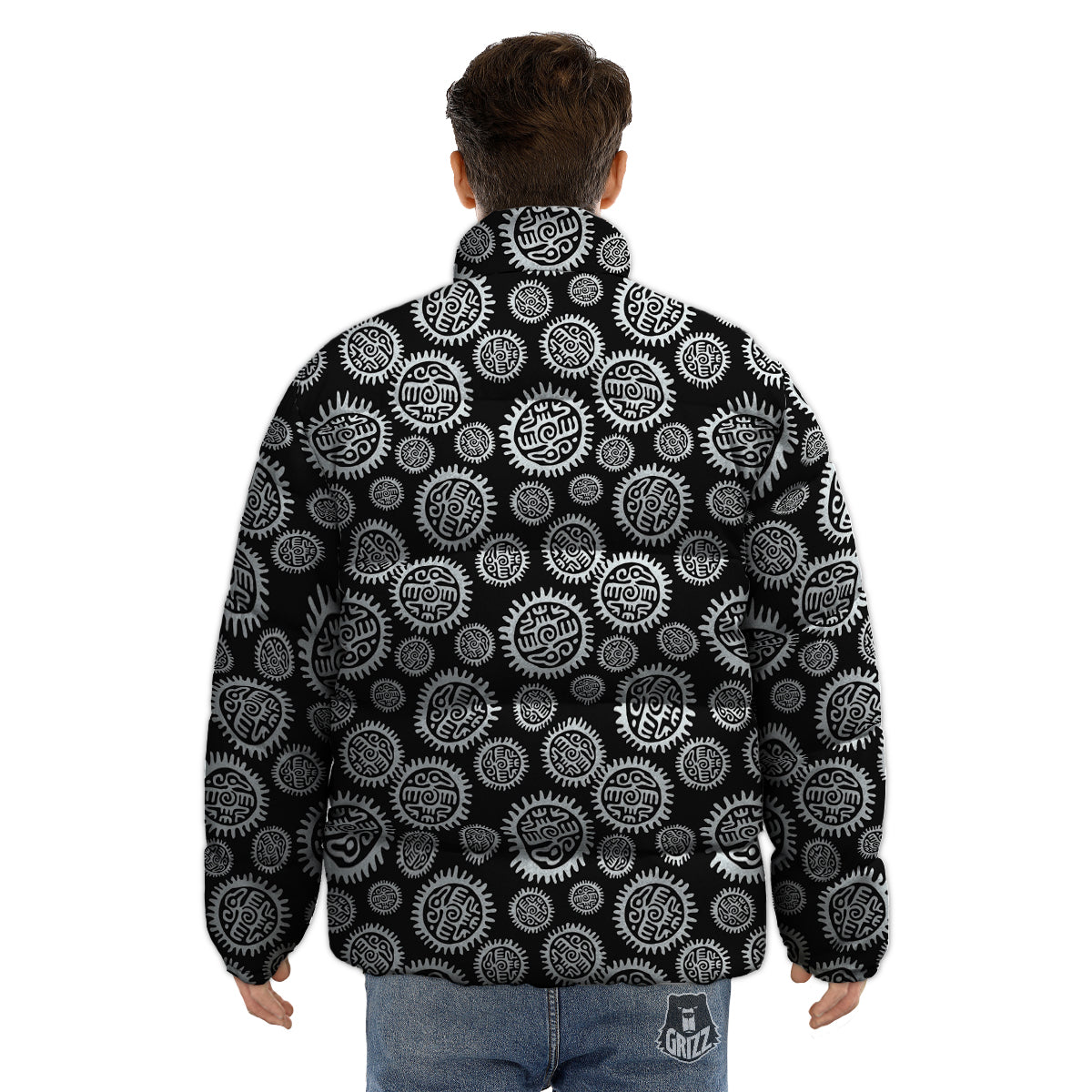 Black And White Aztec Mayan Eagle Print Pattern Puffer Jacket-grizzshop