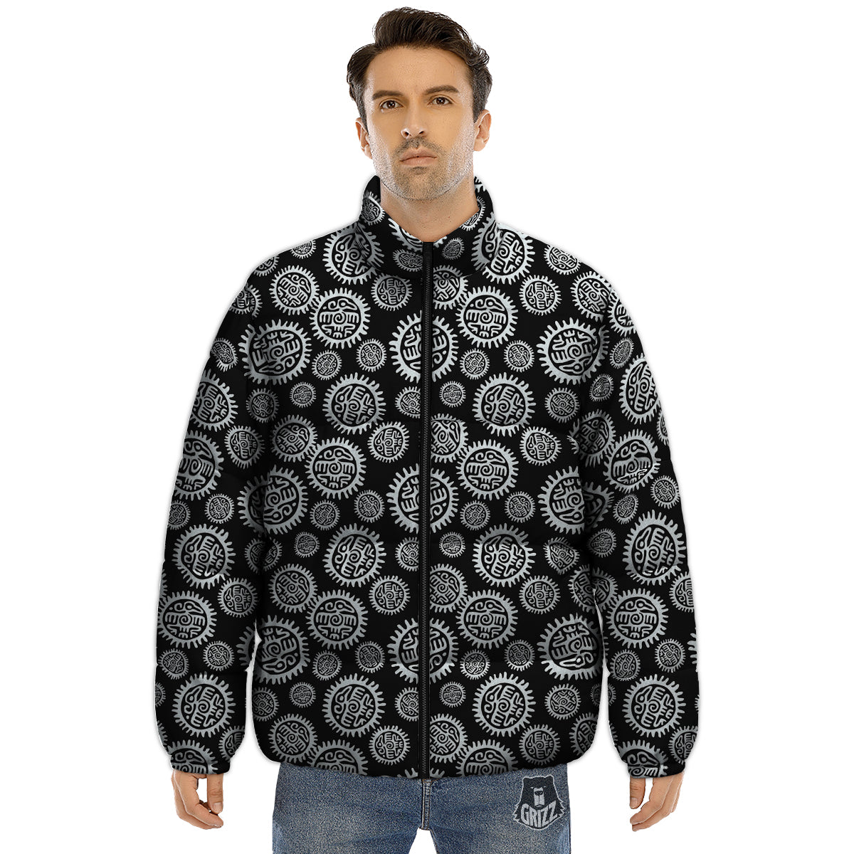 Black And White Aztec Mayan Eagle Print Pattern Puffer Jacket-grizzshop