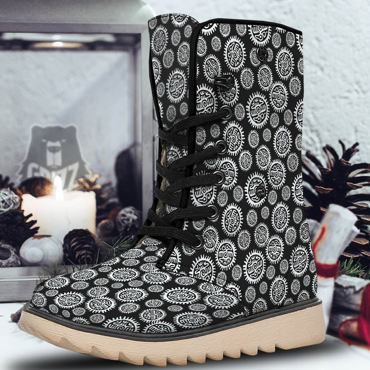 Black And White Aztec Mayan Eagle Print Pattern Snow Boots-grizzshop