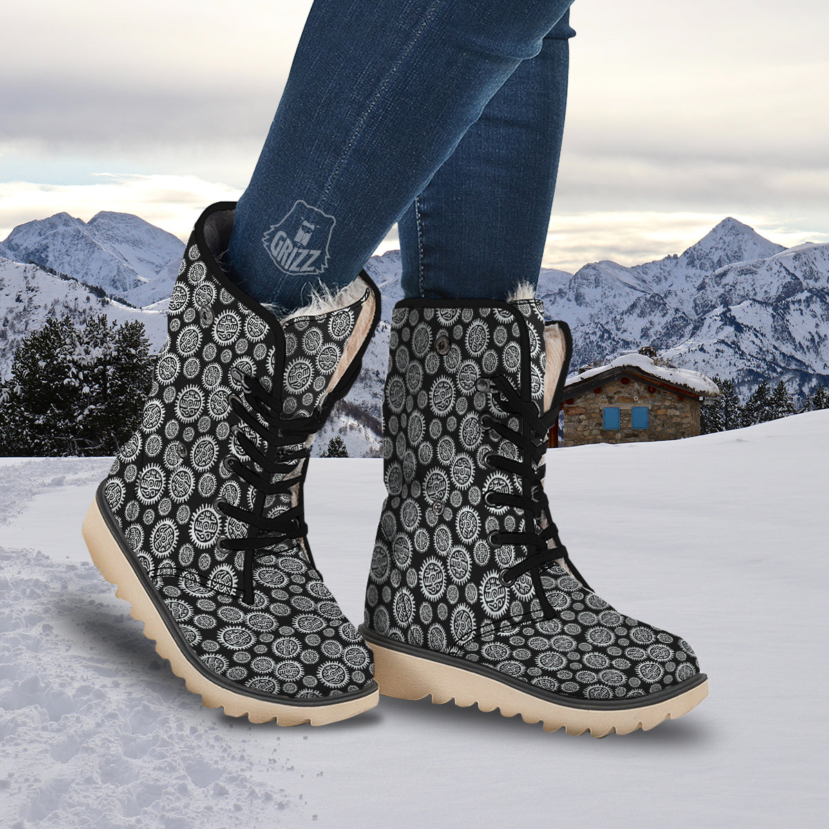 Black And White Aztec Mayan Eagle Print Pattern Snow Boots-grizzshop