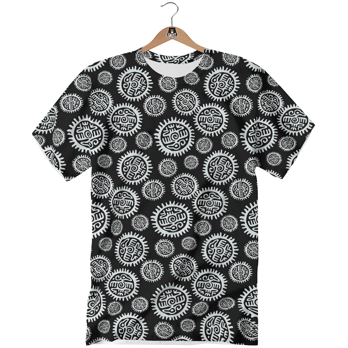 Black And White Aztec Mayan Eagle Print Pattern T-Shirt-grizzshop