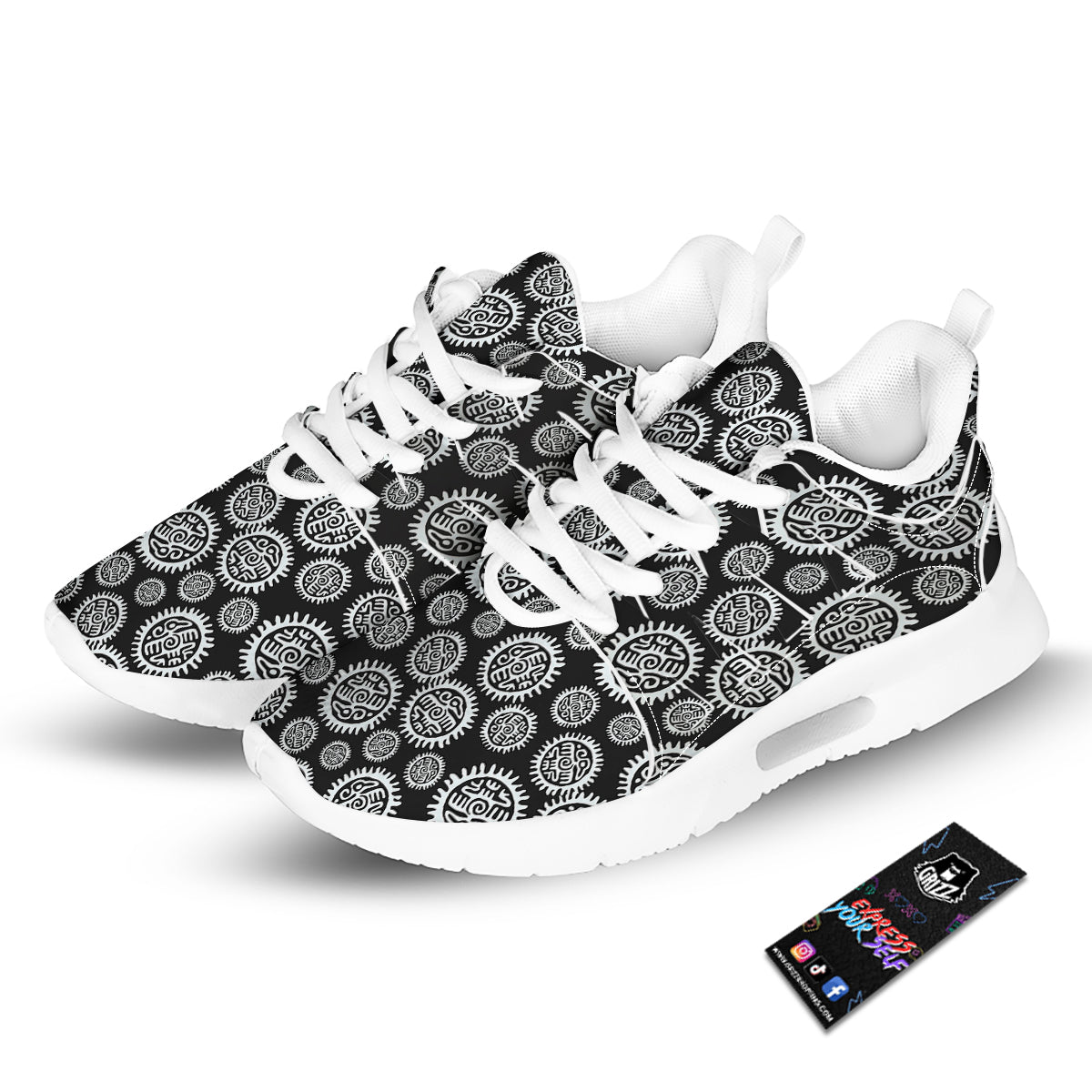 Black And White Aztec Mayan Eagle Print Pattern Tennis Shoes-grizzshop