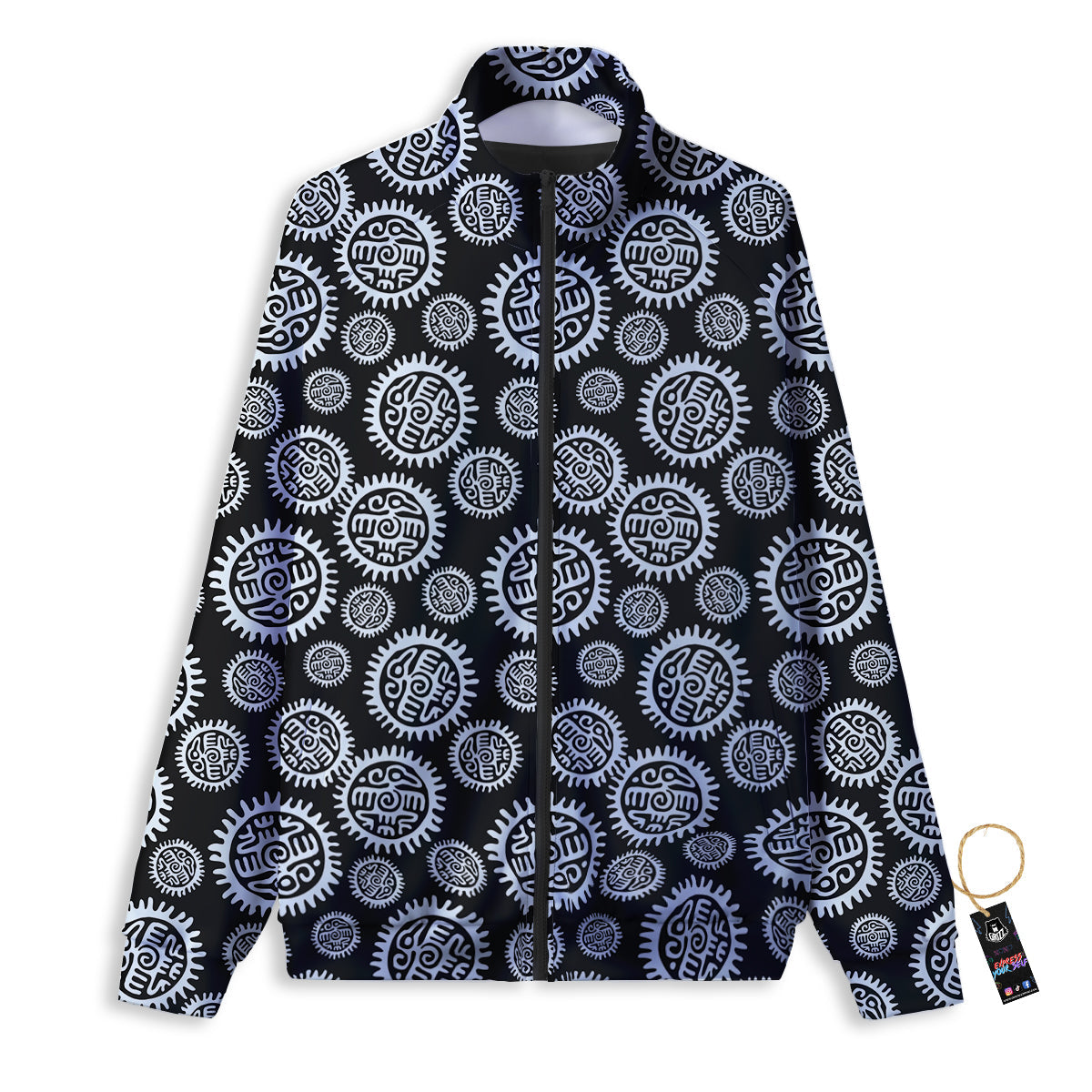 Black And White Aztec Mayan Eagle Print Pattern Track Jacket-grizzshop