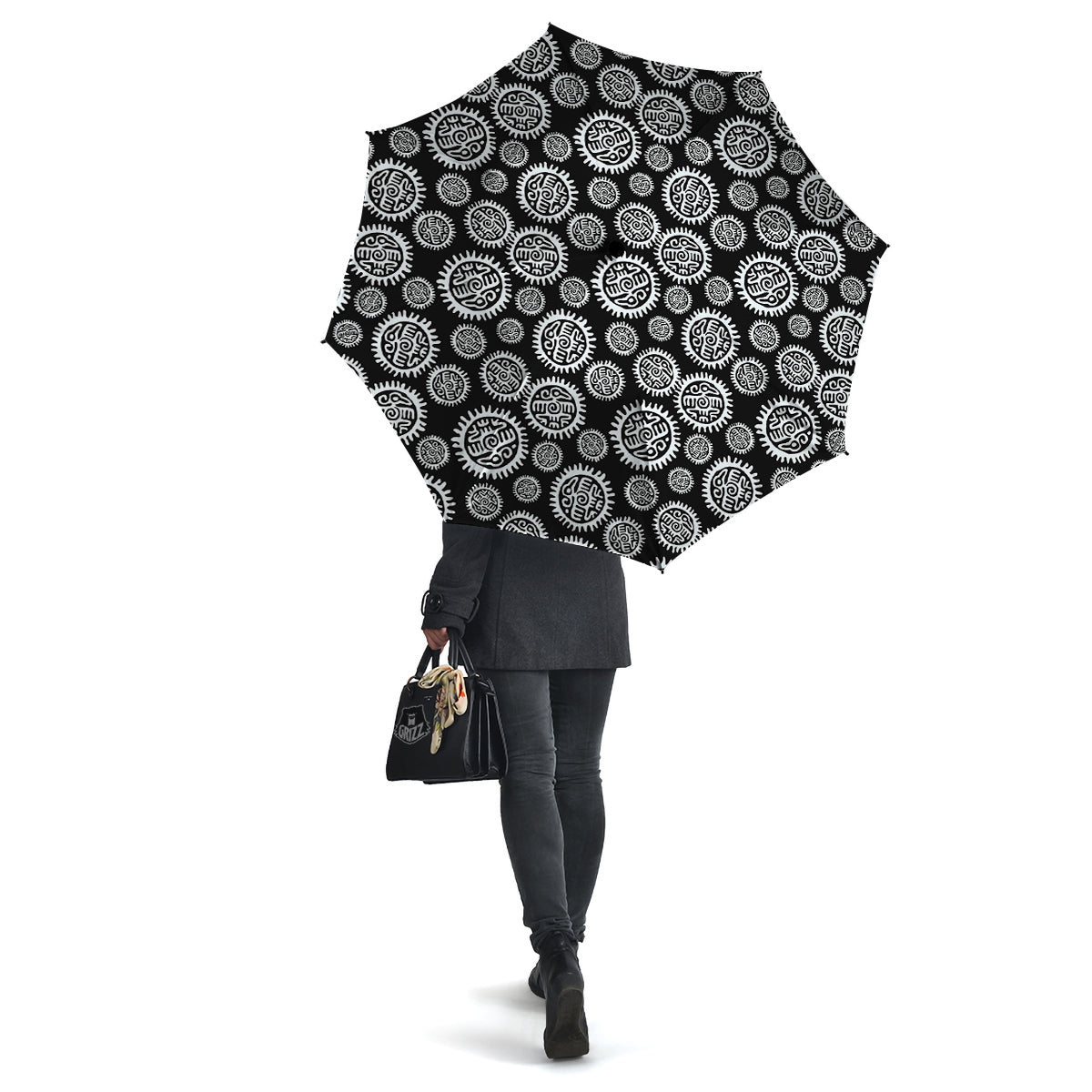 Black And White Aztec Mayan Eagle Print Pattern Umbrella-grizzshop