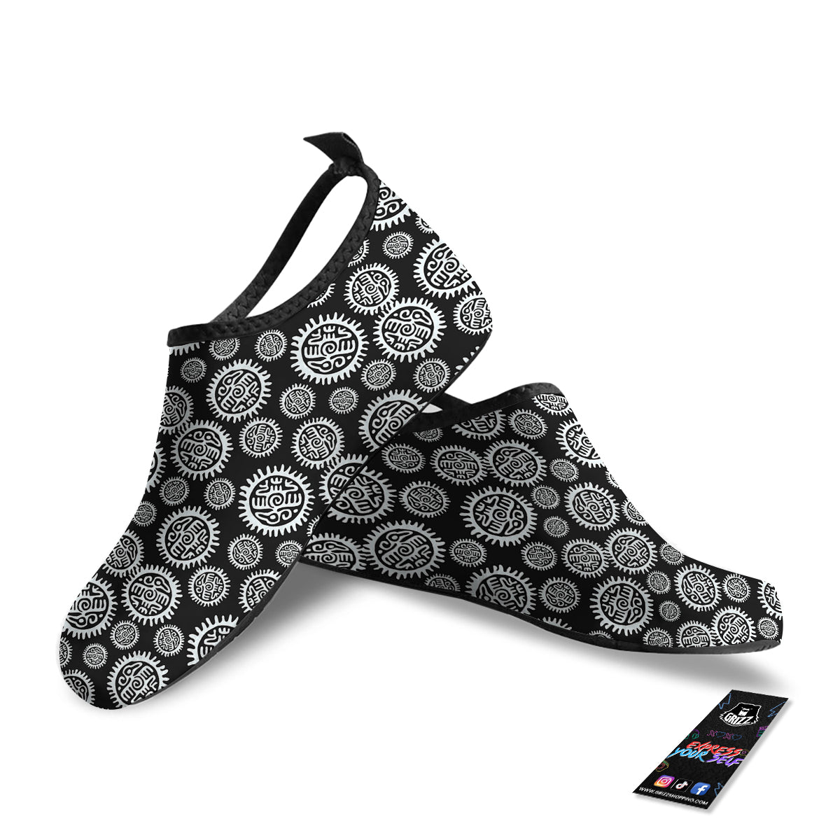 Black And White Aztec Mayan Eagle Print Pattern Water Shoes-grizzshop