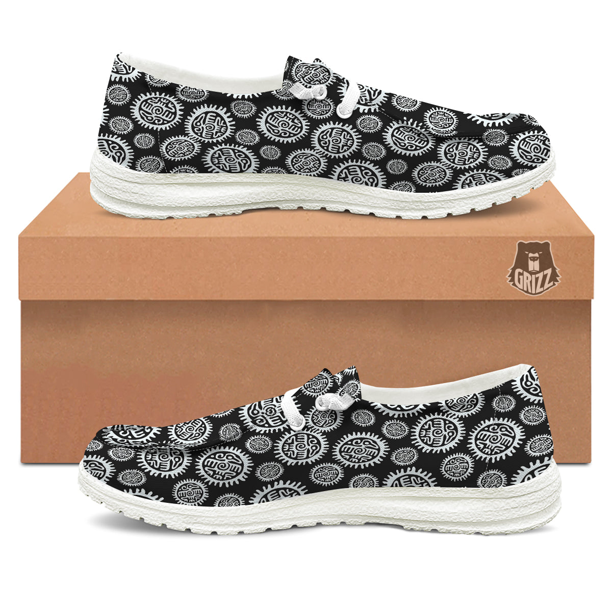 Black And White Aztec Mayan Eagle Print Pattern White Loafers-grizzshop