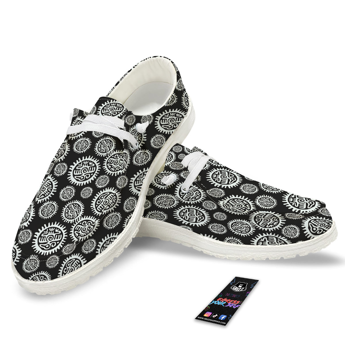 Black And White Aztec Mayan Eagle Print Pattern White Loafers-grizzshop