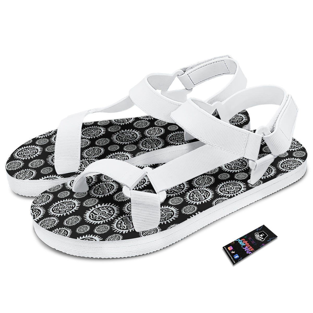 Black And White Aztec Mayan Eagle Print Pattern White Open Toe Sandals-grizzshop