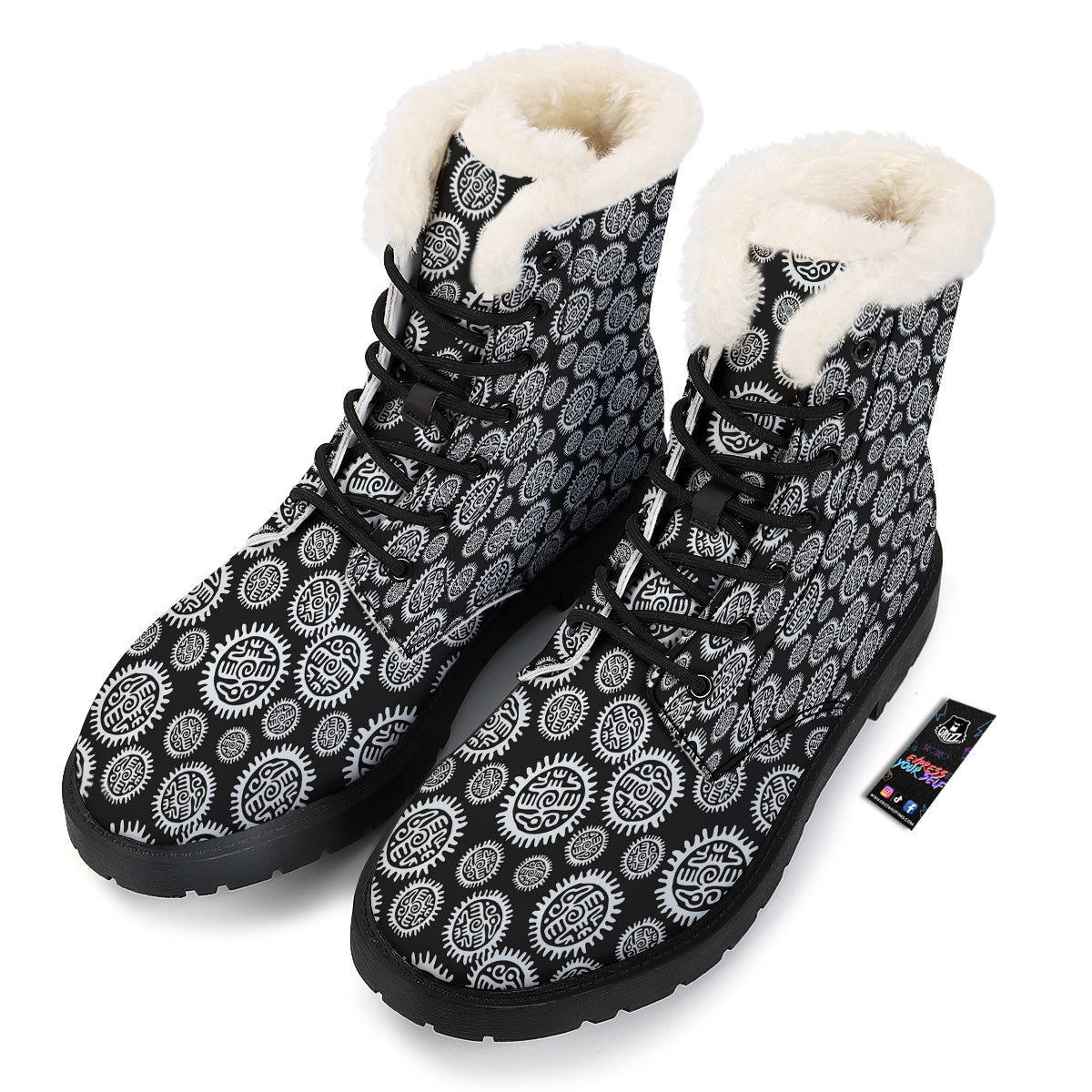 Black And White Aztec Mayan Eagle Print Pattern Winter Boots-grizzshop