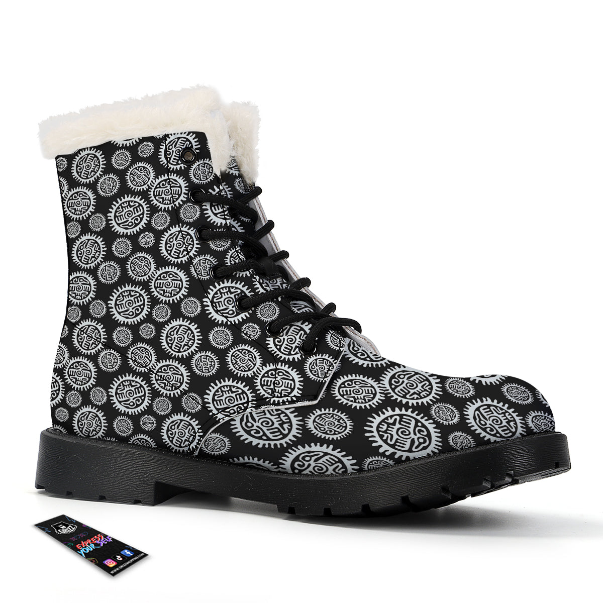 Black And White Aztec Mayan Eagle Print Pattern Winter Boots-grizzshop