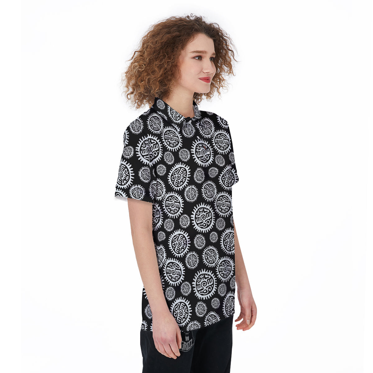 Black And White Aztec Mayan Eagle Print Pattern Women's Golf Shirts-grizzshop