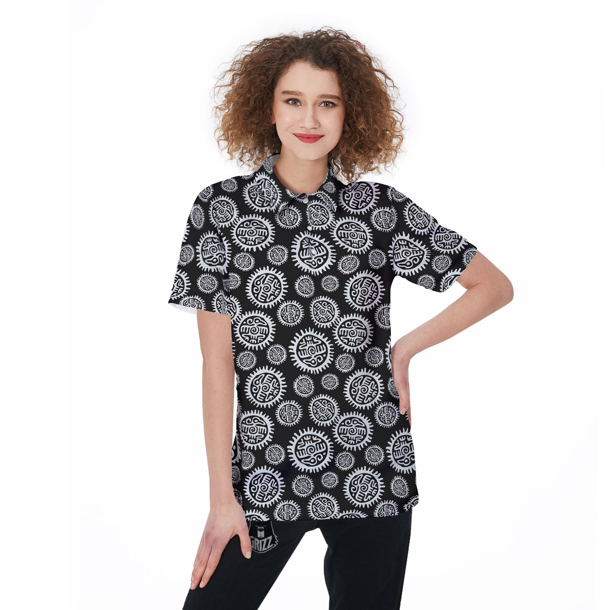 Black And White Aztec Mayan Eagle Print Pattern Women's Golf Shirts-grizzshop
