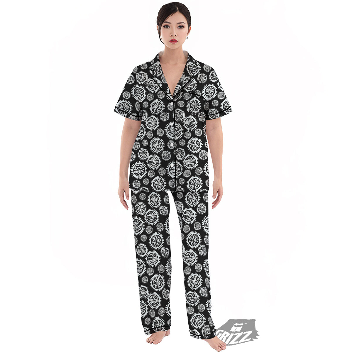 Black And White Aztec Mayan Eagle Print Pattern Women's Pajamas Set-grizzshop