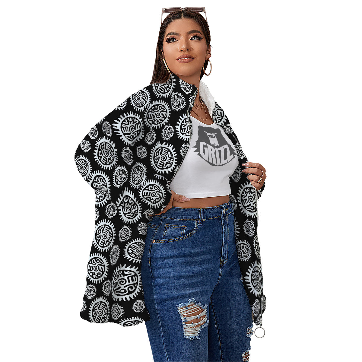 Black And White Aztec Mayan Eagle Print Pattern Women's Sherpa Jacket-grizzshop