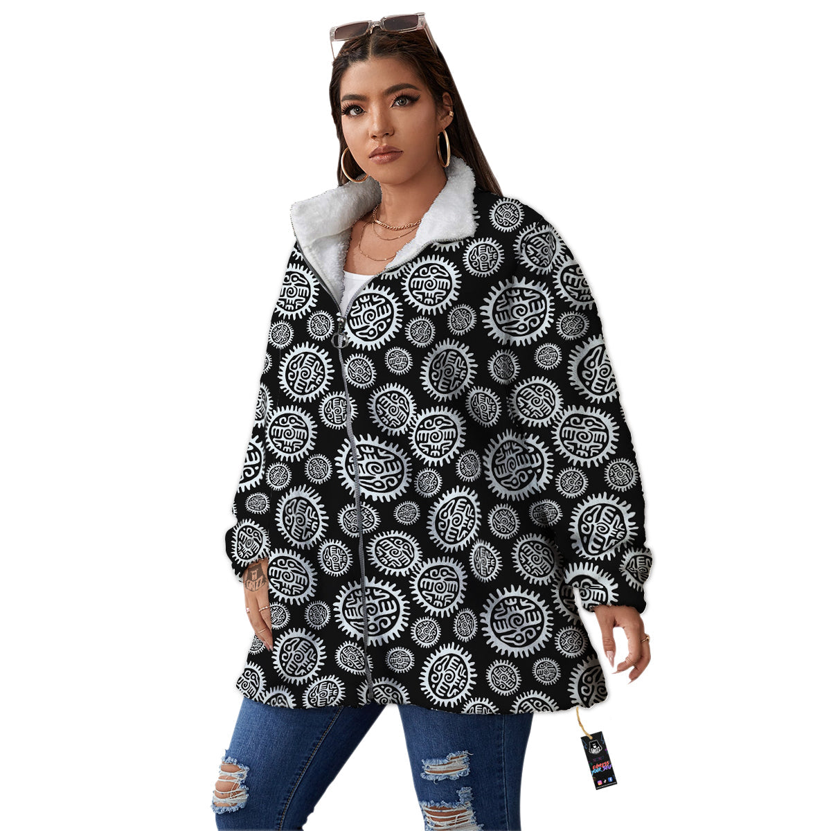 Black And White Aztec Mayan Eagle Print Pattern Women's Sherpa Jacket-grizzshop