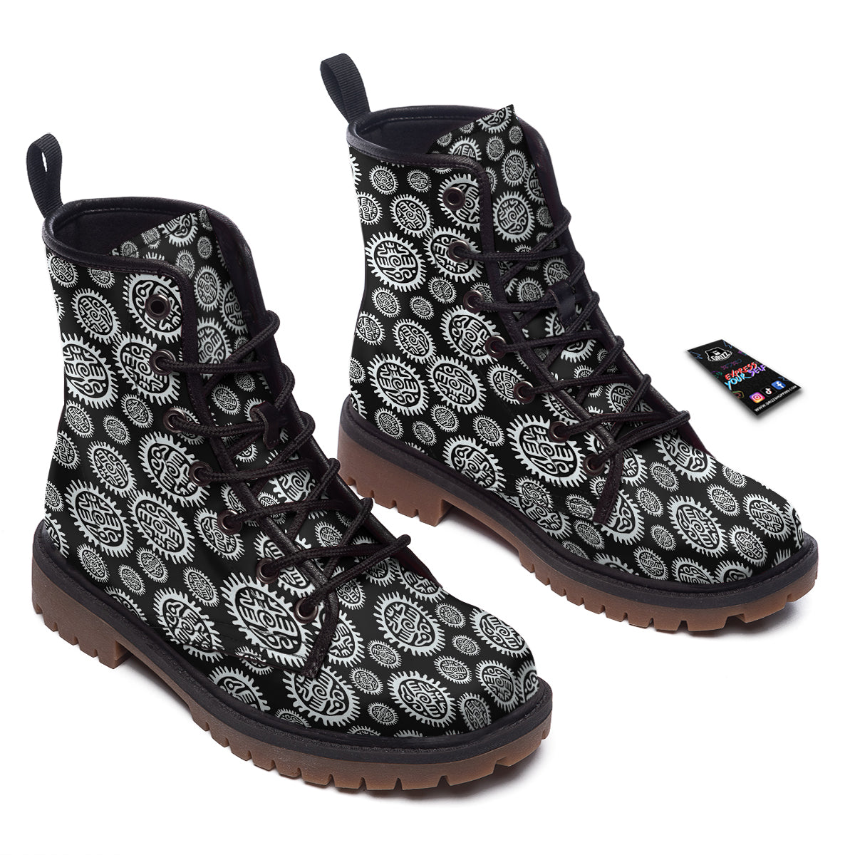 Black And White Aztec Mayan Eagle Print Pattern Work Boots-grizzshop