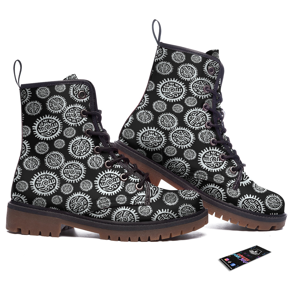 Black And White Aztec Mayan Eagle Print Pattern Work Boots-grizzshop