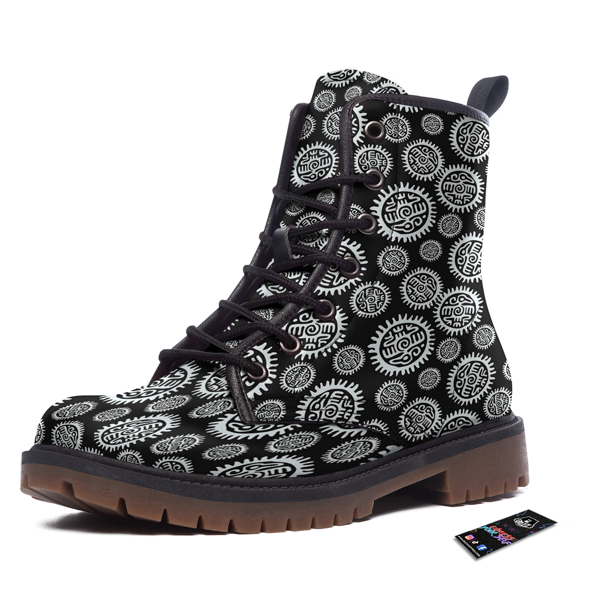 Black And White Aztec Mayan Eagle Print Pattern Work Boots-grizzshop