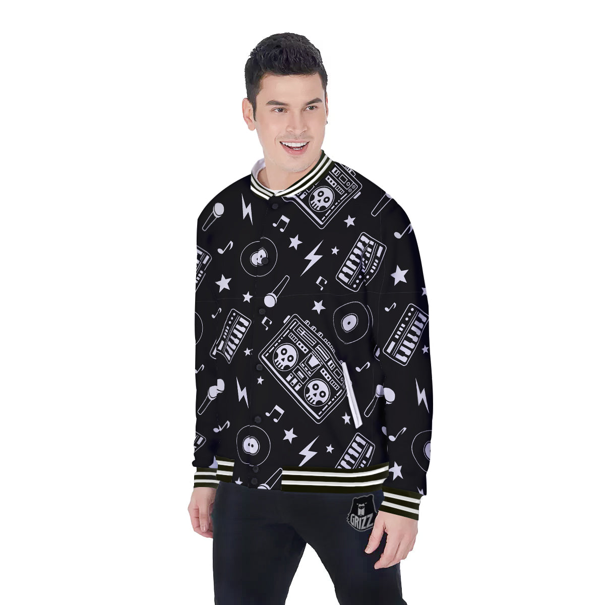 Black And White Boombox Print Pattern Baseball Jacket-grizzshop