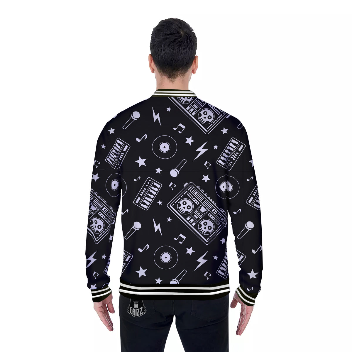 Black And White Boombox Print Pattern Baseball Jacket-grizzshop