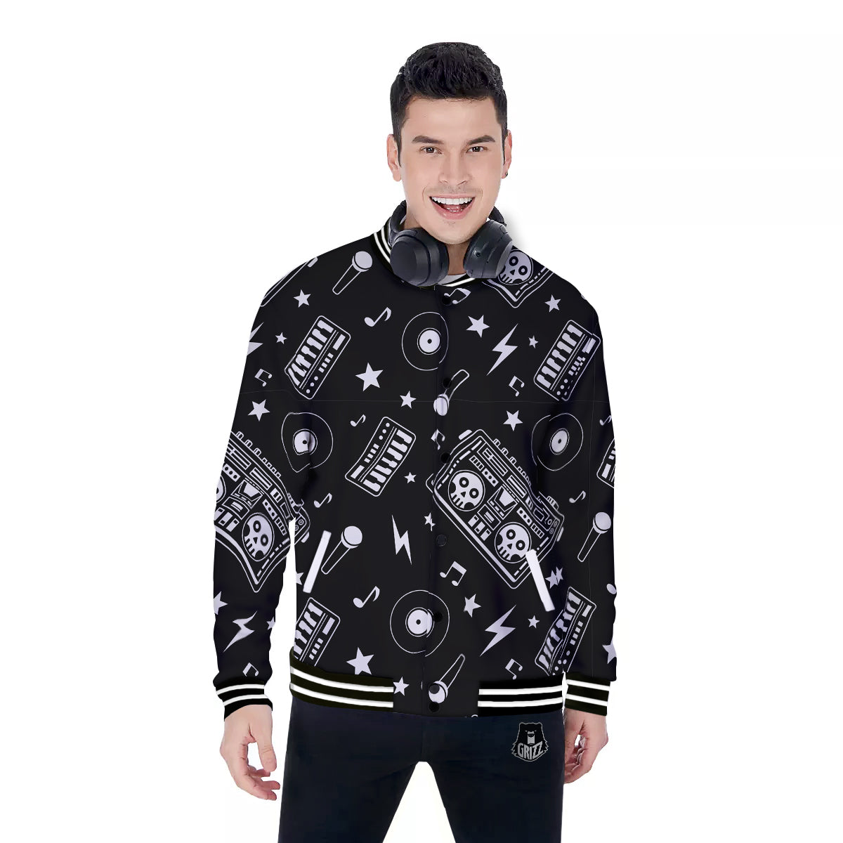 Black And White Boombox Print Pattern Baseball Jacket-grizzshop
