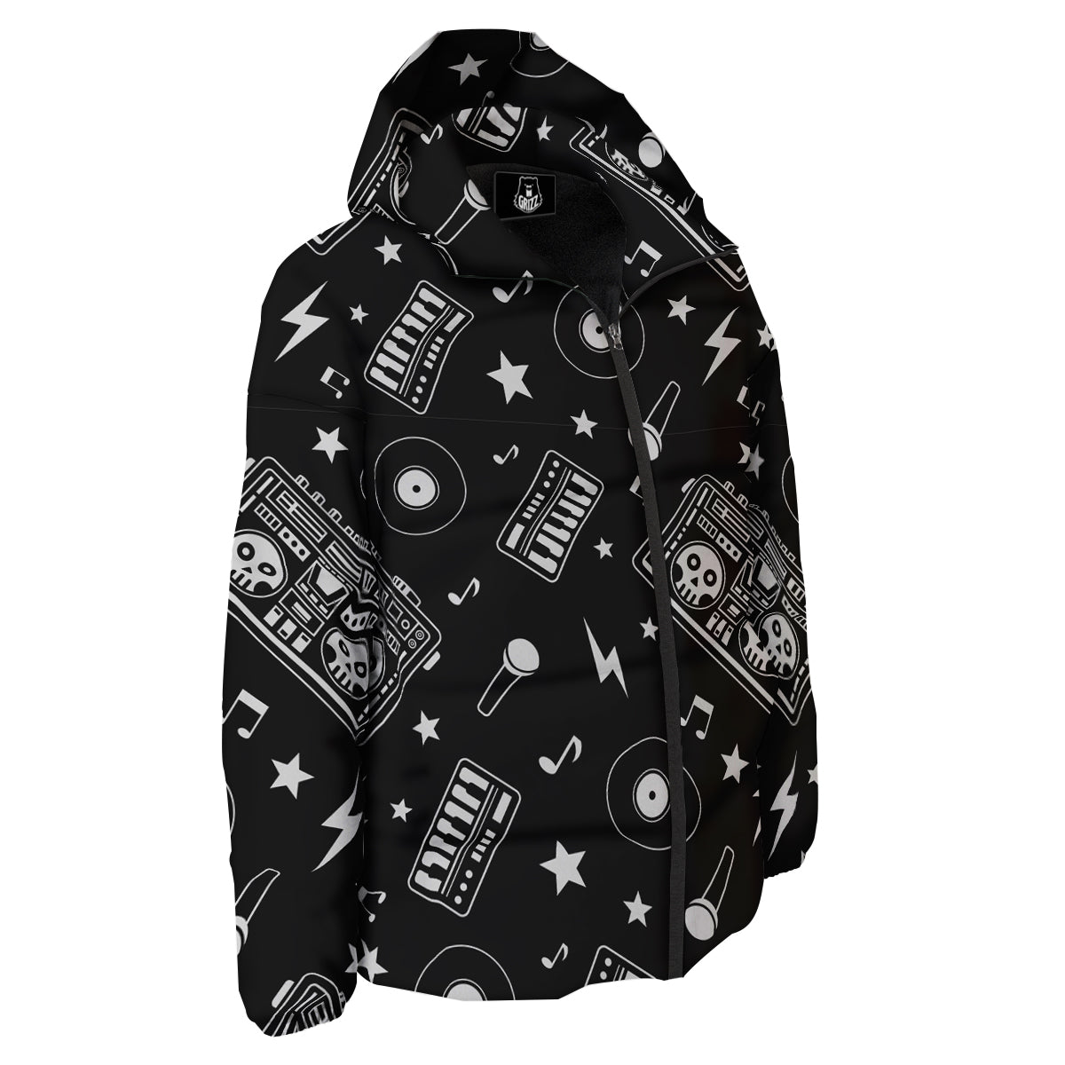 Black And White Boombox Print Pattern Down Jacket-grizzshop