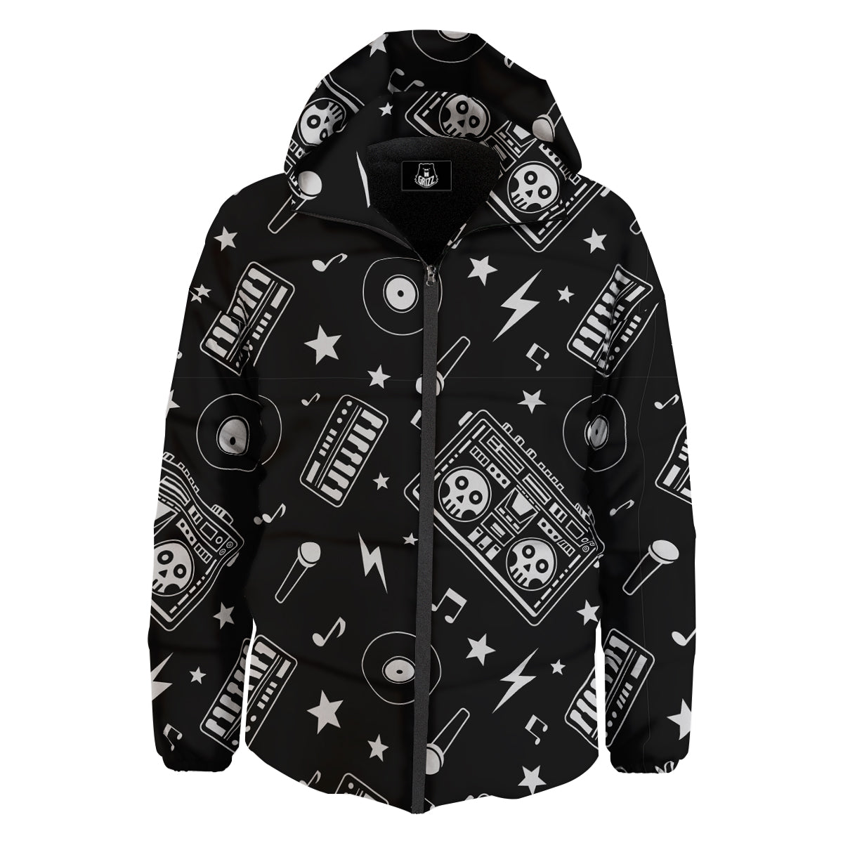 Black And White Boombox Print Pattern Down Jacket-grizzshop