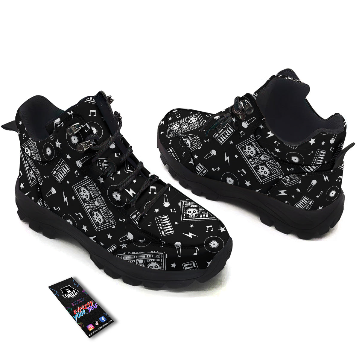 Black And White Boombox Print Pattern Hiking Shoes-grizzshop